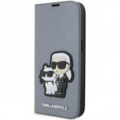 Dėklas Karl Lagerfeld Saffiano Karl & Choupette KLBKP14LSANKCPG iPhone 14 Pro Sidabrinis