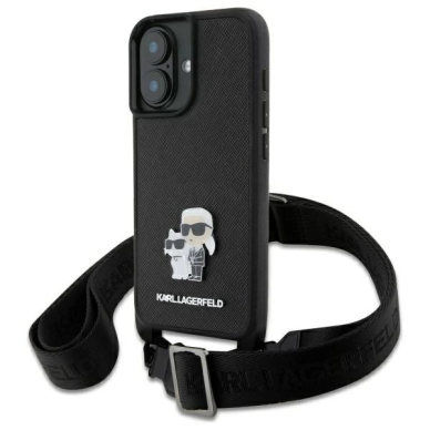 Dėklas Karl Lagerfeld Saffiano KarlChoupette Metal Pin CBDY Strap iPhone 16  - Juodas