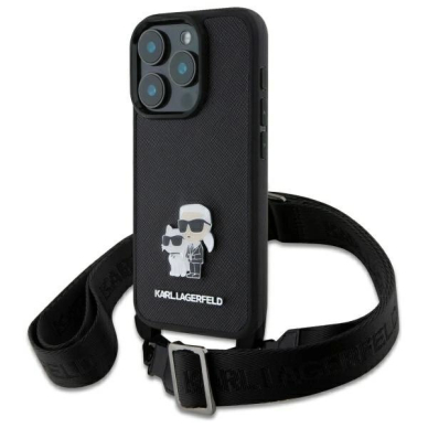 Dėklas Karl Lagerfeld Saffiano KarlChoupette Metal Pin CBDY Strap iPhone 16 Pro  - Juodas