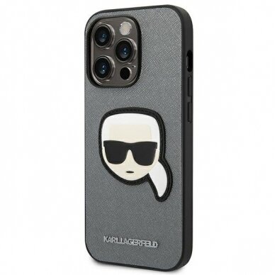 Dėklas Karl Lagerfeld Saffiano Karl`s Head Patch KLHCP14LSAPKHG iPhone 14 Pro Sidabrinis 1