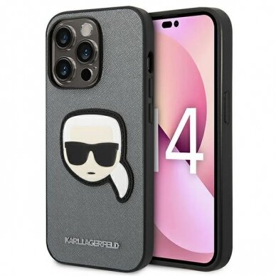 Dėklas Karl Lagerfeld Saffiano Karl`s Head Patch KLHCP14LSAPKHG iPhone 14 Pro Sidabrinis