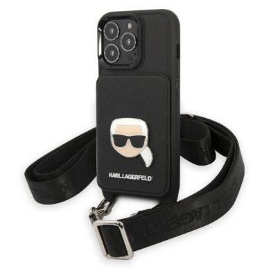 Dėklas Karl Lagerfeld Saffiano Metal Karl Head KLHCP13LSAKHPK iPhone 13 Pro / 13 Juodas