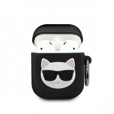 Akcija! Dėklas originalus Karl Lagerfeld Klaca2Silchbk Airpods Cover juodas Silicone Choupette