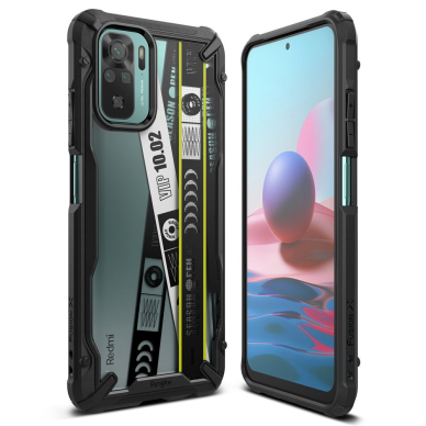 Dėklas Ringke Fusion X Design durable PC+TPU Xiaomi Redmi Note 10 / Redmi Note 10S Juodas (Ticket band) (XDXI0029)