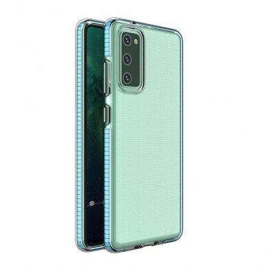 Akcija! Samsung Galaxy A72 Dėklas Spring Case clear TPU su spalvotu rėmu Žydras