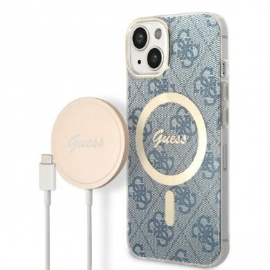 Dėklas su pakrovėju Set Guess 4G Print MagSafe GUBPP14SH4EACSB iPhone 14 Mėlynas