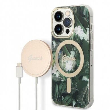 Dėklas su pakrovėju Set Guess Jungle MagSafe GUBPP14XHJEACSA iPhone 14 Pro Max Žalias