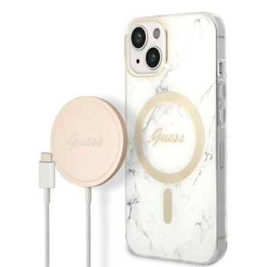 Dėklas su pakrovėju Set Guess Marble MagSafe GUBPP14SHMEACSH iPhone 14 Baltas