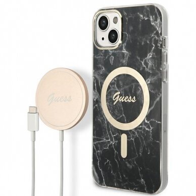 Dėklas su pakrovėju Set Guess Marble MagSafe GUBPP14SHMEACSK iPhone 14 Juodas