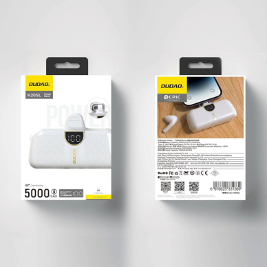 Dudao K20SL 5000mAh mini power bankLightning / USB-C connectors - baltas 5