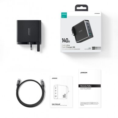 Fast charger GaN 140W 3 x USB-C / USB-A Joyroom JR-TCG05EU - Juodas + USB-C cable - USB-C 240W 1.2m 8