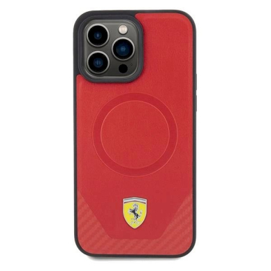 Ferrari Carbon Metal Logo MagSafe Dėklas iPhone 15 Pro - raudonas 2