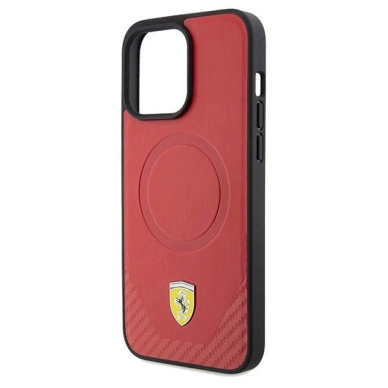 Ferrari Carbon Metal Logo MagSafe Dėklas iPhone 15 Pro - raudonas 5