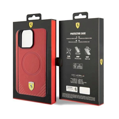 Ferrari Carbon Metal Logo MagSafe Dėklas iPhone 15 Pro - raudonas 7