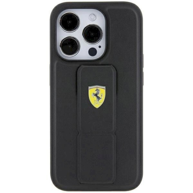 Ferrari Grip Stand Metal Logo dėklas skirtas iPhone 15 - Juodas