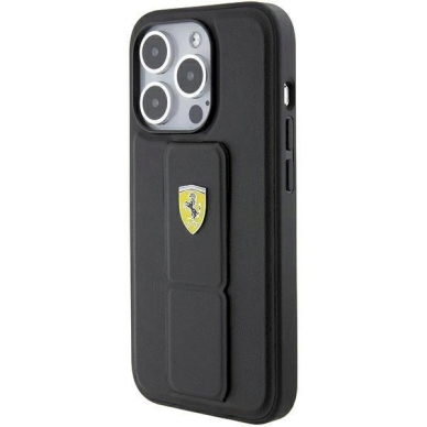 Ferrari Grip Stand Metal Logo dėklas skirtas iPhone 15 Pro - Juodas 2