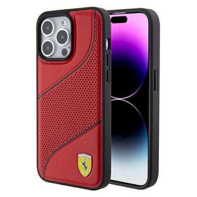 Ferrari Perforated Waves Metal Logo dėklas skirtas iPhone 15 Pro - Raudonas