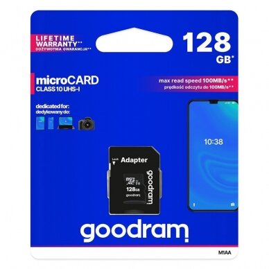 Goodram Microcard 128 GB micro SD XC UHS-I class 10 memory card, SD adapter (M1AA-01280R12) UGLX912