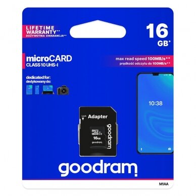 Goodram Microcard 16 GB micro SD HC UHS-I class 10 Atminties kortelė, SD adapteris (M1AA-0160R12)