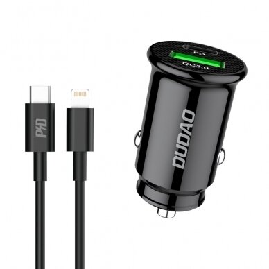 Akcija! Automobilinis Įkroviklis Dudao USB QC3.0 + Type C PD + USB-C - Lightning 18W Kabelis Juodas (R3PRO)