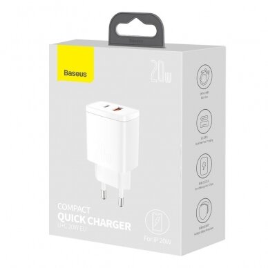 Greitas Buitinis Įkroviklis Baseus Compact USB Type C / USB 20 W 3 A Power Delivery Quick Charge 3.0 Baltas (CCXJ-B02) 4