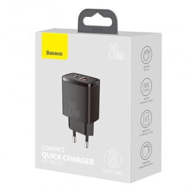 Greitas Buitinis Įkroviklis Baseus Compact USB Type C / USB 20 W 3 A Power Delivery Quick Charge 3.0 Juodas (CCXJ-B01) 4