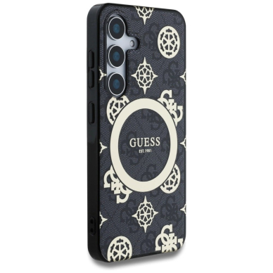 Guess 4G Background Gold Electroplated Peony Pattern MagSafe Dėklas Samsung Galaxy S25 Juodas 3