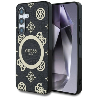 Guess 4G Background Gold Electroplated Peony Pattern MagSafe Dėklas Samsung Galaxy S25 Juodas