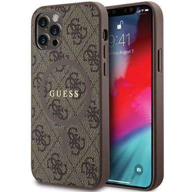 Guess 4G Collection Leather Metal Logo MagSafe Dėklas iPhone 12 Pro / iPhone 12 - Rudas