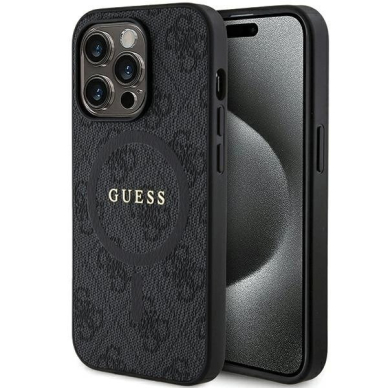 Guess 4G Collection Leather Metal Logo MagSafe Dėklas iPhone 13 Pro Max - Juodas