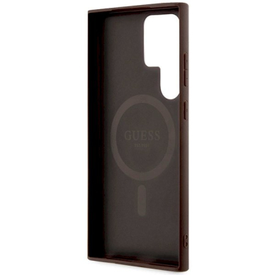 Guess 4G Collection Leather Metal Logo MagSafe Dėklas Samsung Galaxy S24 Ultra - rudas 6