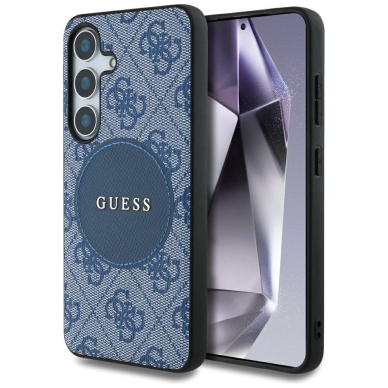 Guess 4G Round Patch Classic Logo MagSafe Dėklas Samsung Galaxy S25 Plus Mėlynas