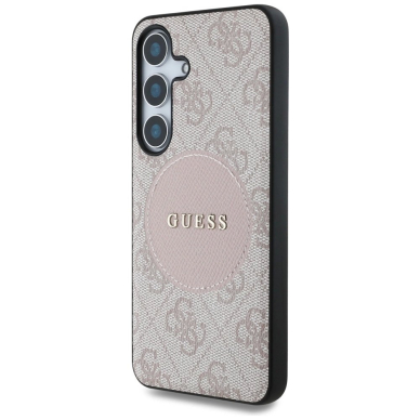 Guess 4G Round Patch Classic Logo MagSafe Dėklas Samsung Galaxy S25 Plus Rožinis 1