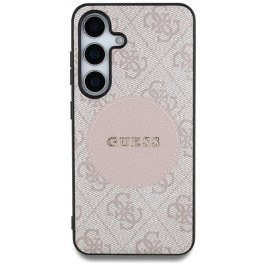 Guess 4G Round Patch Classic Logo MagSafe Dėklas Samsung Galaxy S25 Plus Rožinis 2