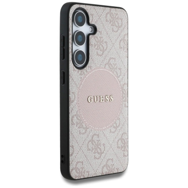 Guess 4G Round Patch Classic Logo MagSafe Dėklas Samsung Galaxy S25 Plus Rožinis 3