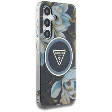 Guess Glitter Flowers Triangle Buttons MagSafe Dėklas Samsung Galaxy S25 Juodas 3