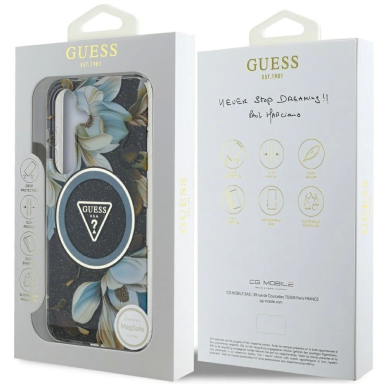 Guess Glitter Flowers Triangle Buttons MagSafe Dėklas Samsung Galaxy S25 Juodas 7