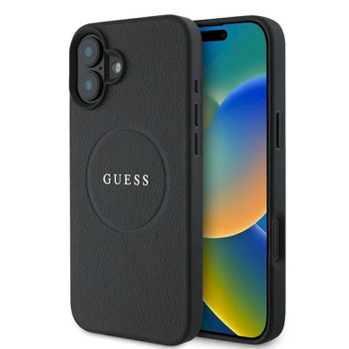 Guess Grained Gold Ring MagSafe Dėklas iPhone 16 Plus - juodas