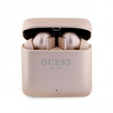 Guess GUTWSSU20ALEGP TWS bluetooth Ausinės + Dock Rose Gold/Rose Gold Printed Logo