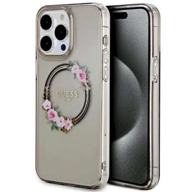 Guess IML Flowers Wreath MagSafe Dėklas iPhone 15 Pro Max - Juodas