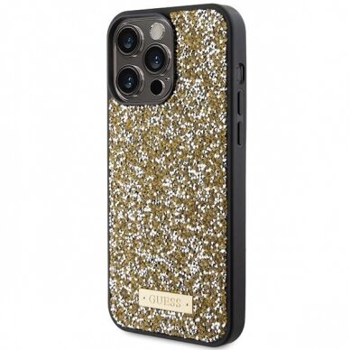 Guess Rhinestone Metal Logo Dėklas skirta iPhone 15 Pro - Geltonas 1