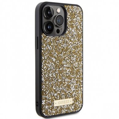 Guess Rhinestone Metal Logo Dėklas skirta iPhone 15 Pro - Geltonas 3