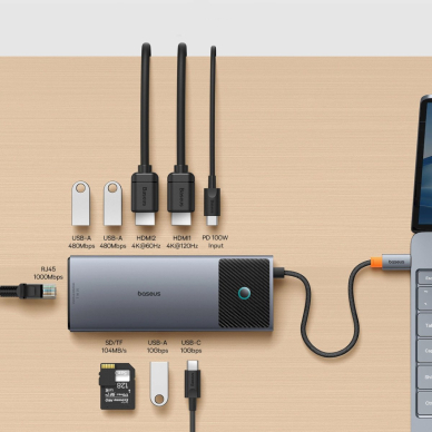 HUB 10in1 Baseus Metal Gleam Series II USB-C to HDMI 4K 120Hz / HDMI 4K 60Hz / USB-A 10Gb/s / 2xUSB-A 480Mb/s / USB-C 10Gb/s / RJ45 / SD / TF / USB-C PD - pilkas 2