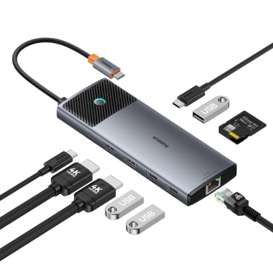 HUB 10in1 Baseus Metal Gleam Series II USB-C to HDMI 4K 120Hz / HDMI 4K 60Hz / USB-A 10Gb/s / 2xUSB-A 480Mb/s / USB-C 10Gb/s / RJ45 / SD / TF / USB-C PD - pilkas