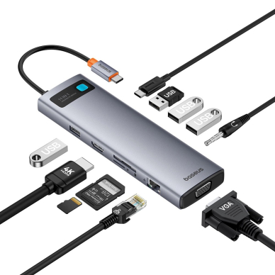 HUB 11in1 Baseus Metal Gleam Series USB-C to USB-C PD / 3x USB-A 3.0 / USB-A 2.0 / HDMI / VGA / AUX / RJ-45 / SD TF - pilkas