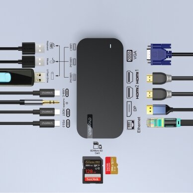 HUB Choetch M52 USB-C - USB-C PD/USB-C/USB-A/HDMI/VGA/DP/SD/TF/RJ45/AUX - Pilkas 4