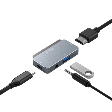 HUB Tech-Protect V6 4in1 USB-C - USB-A 3.0 / USB-C PD100W / HDMI / mini jack 3.5mm - pilkas 3