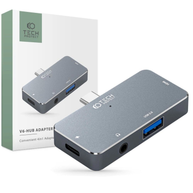 HUB Tech-Protect V6 4in1 USB-C - USB-A 3.0 / USB-C PD100W / HDMI / mini jack 3.5mm - pilkas