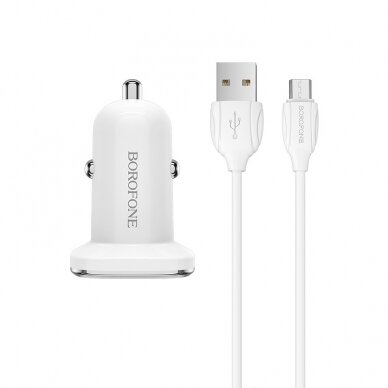 Įkroviklis automobilinis Borofone BZ12 USB + microUSB (2.4A) baltas