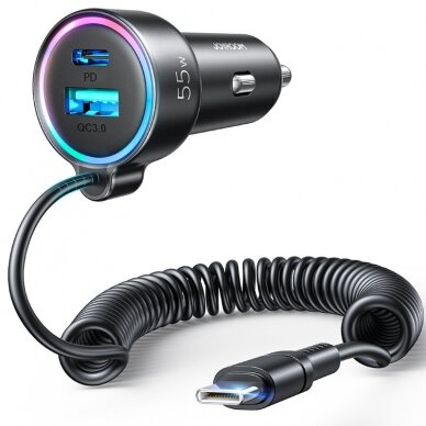 Įkroviklis automobilinis Joyroom JR-CL07 3-in-1 USB/Type-C 55W + Type-C 1.5m juodas